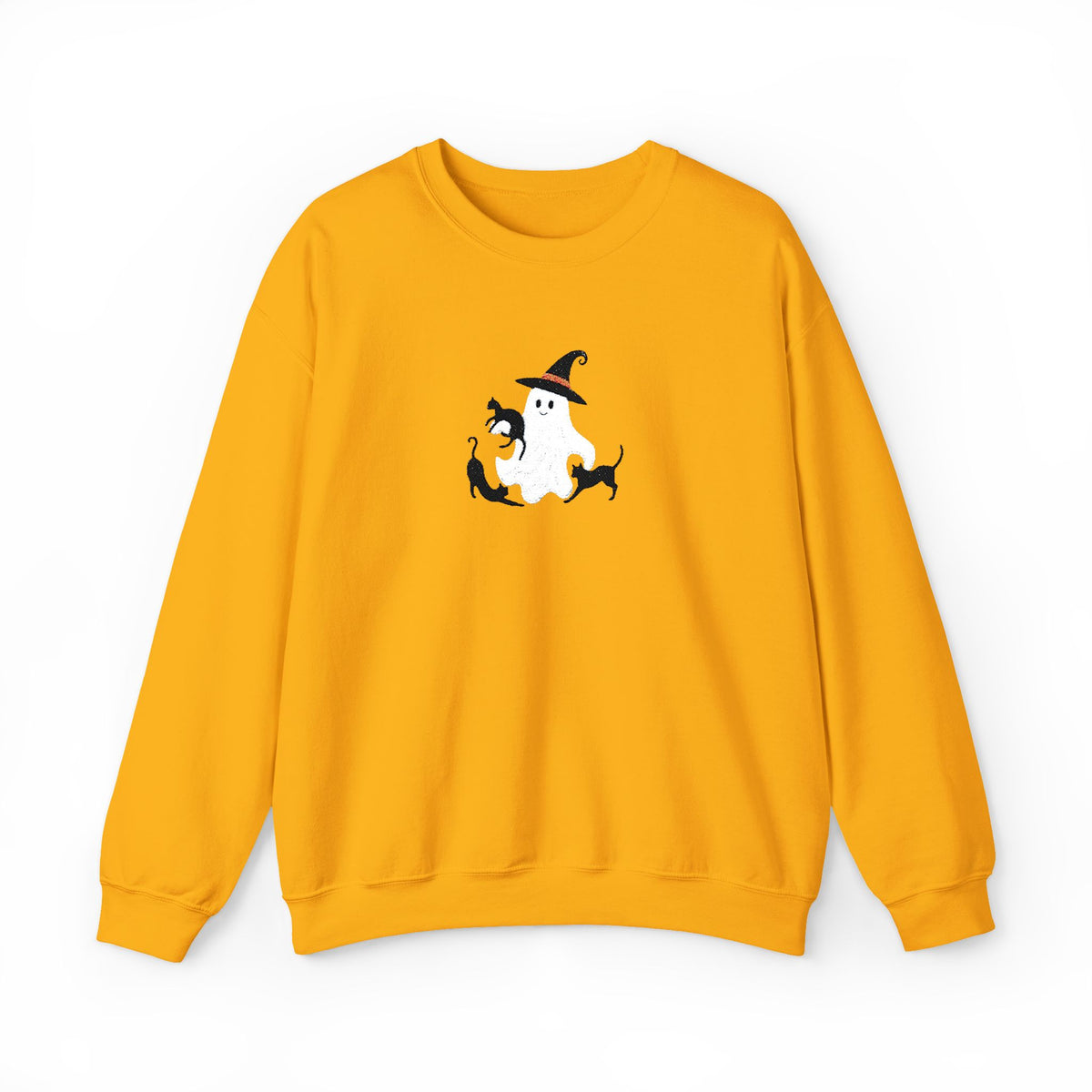 Halloween Moon Cat Crewneck Sweatshirt — Witch Hat & Black Cats Graphic