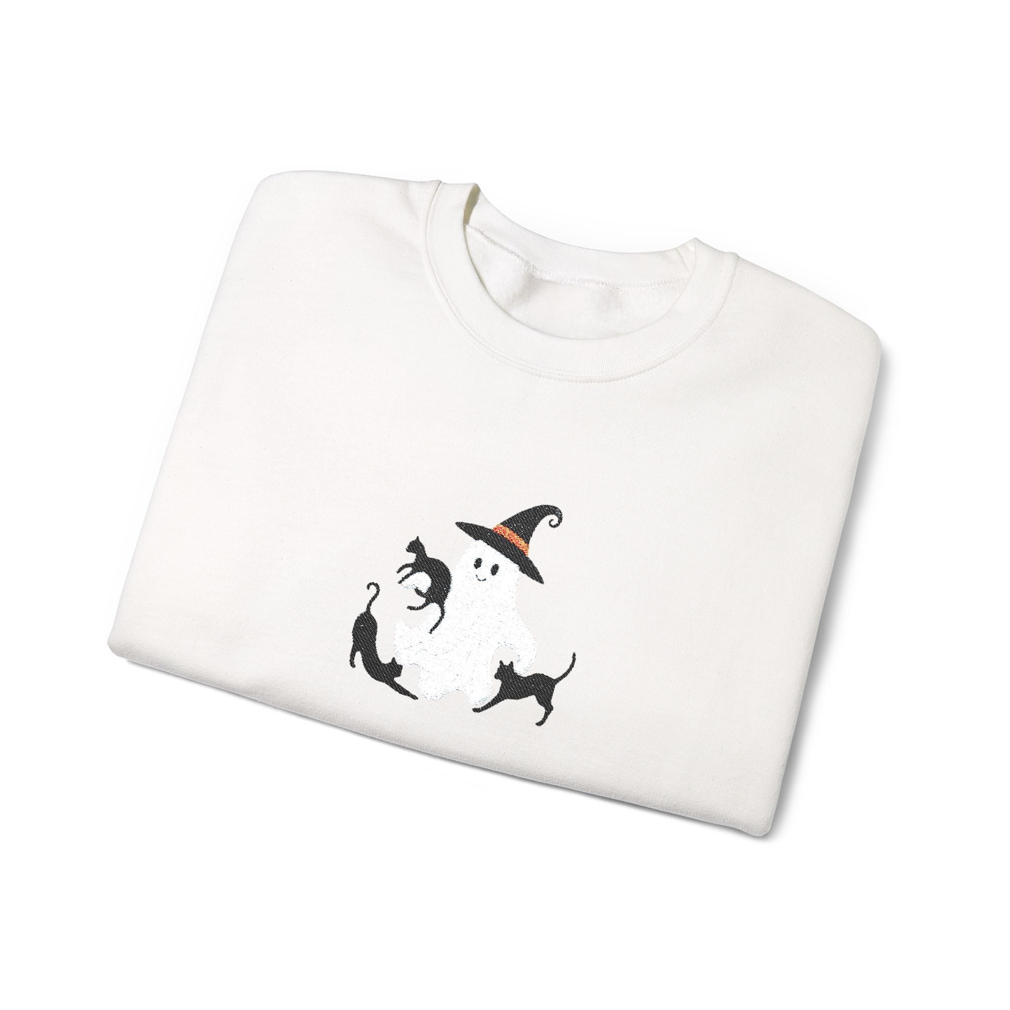Halloween Moon Cat Crewneck Sweatshirt — Witch Hat & Black Cats Graphic