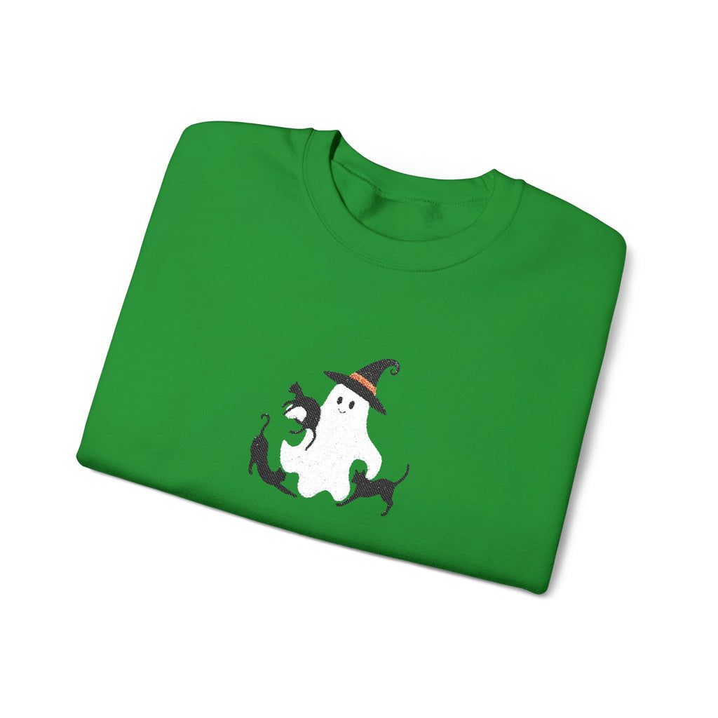 Halloween Moon Cat Crewneck Sweatshirt — Witch Hat & Black Cats Graphic