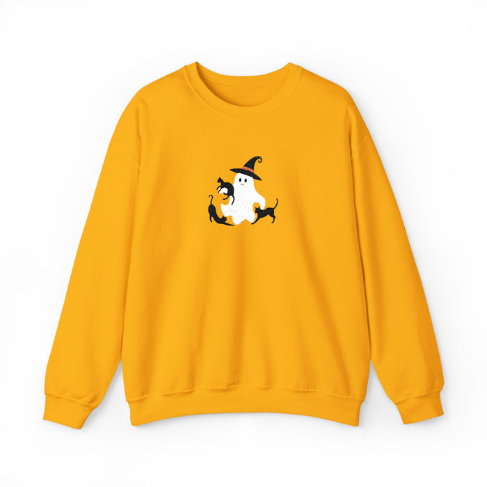 Halloween Moon Cat Crewneck Sweatshirt — Witch Hat & Black Cats Graphic