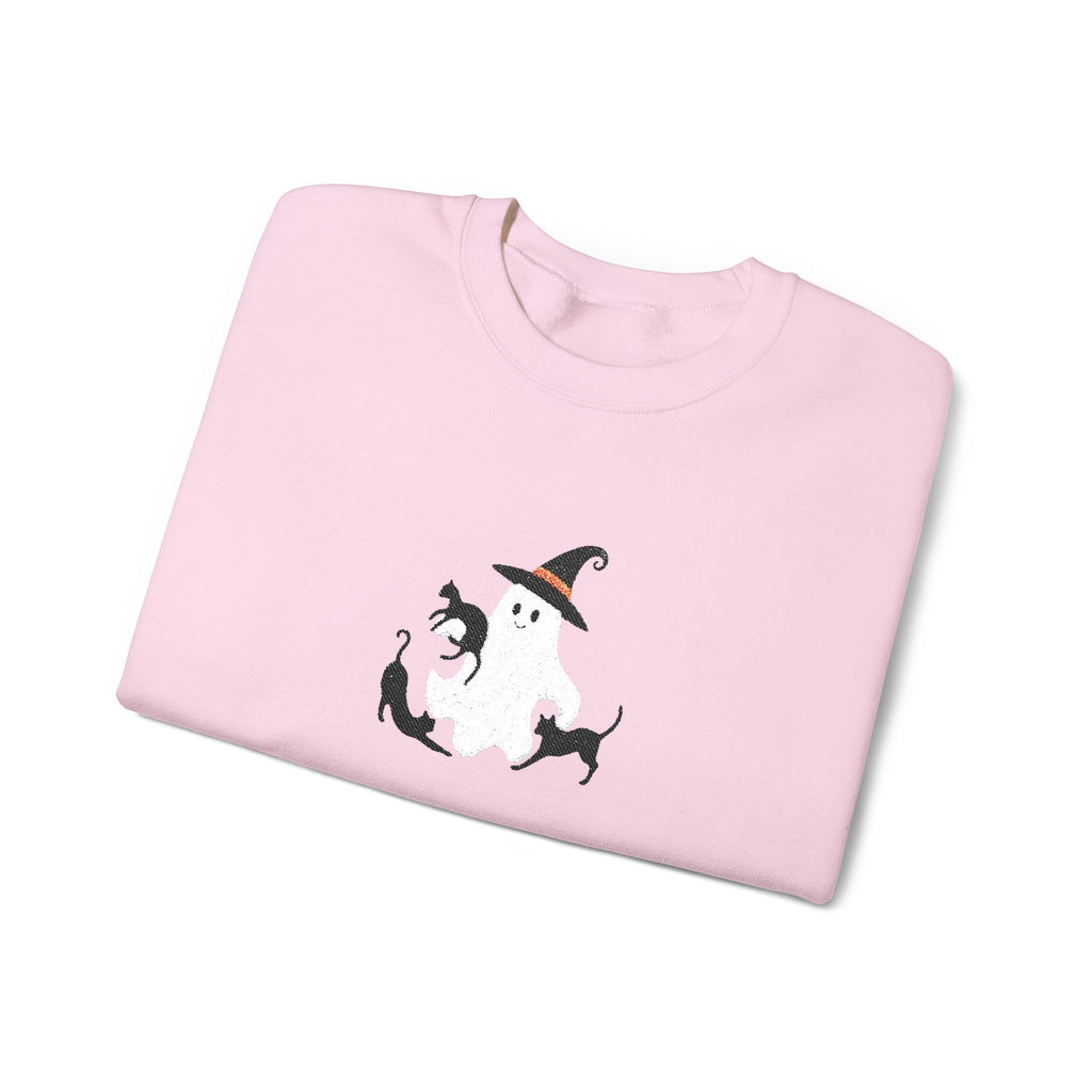 Halloween Moon Cat Crewneck Sweatshirt — Witch Hat & Black Cats Graphic
