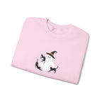 Halloween Moon Cat Crewneck Sweatshirt — Witch Hat & Black Cats Graphic