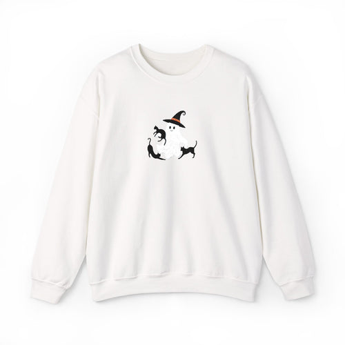 Halloween Moon Cat Crewneck Sweatshirt — Witch Hat & Black Cats Graphic