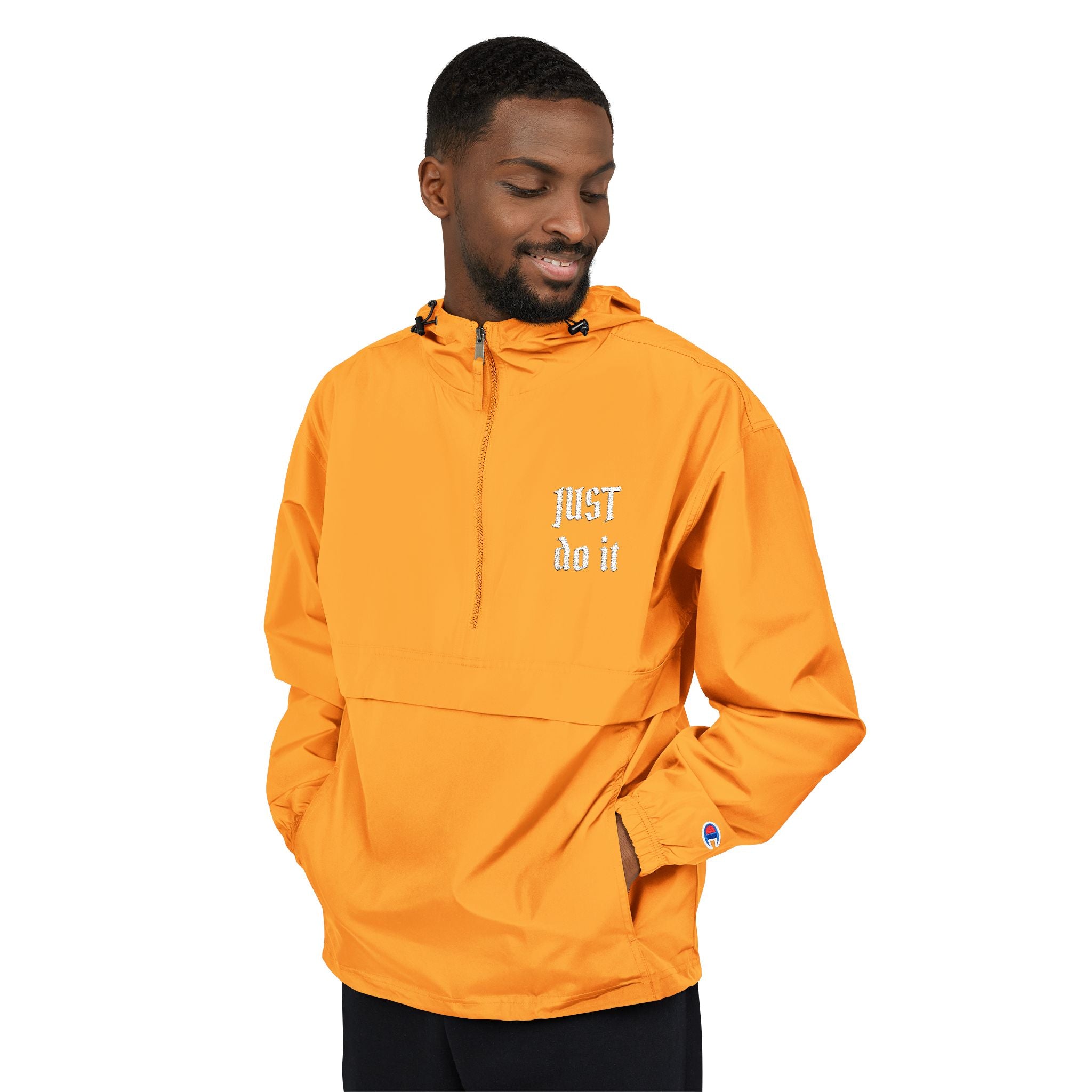 Packable Windbreaker Jacket — Orange Anorak with Small Chest Graphic