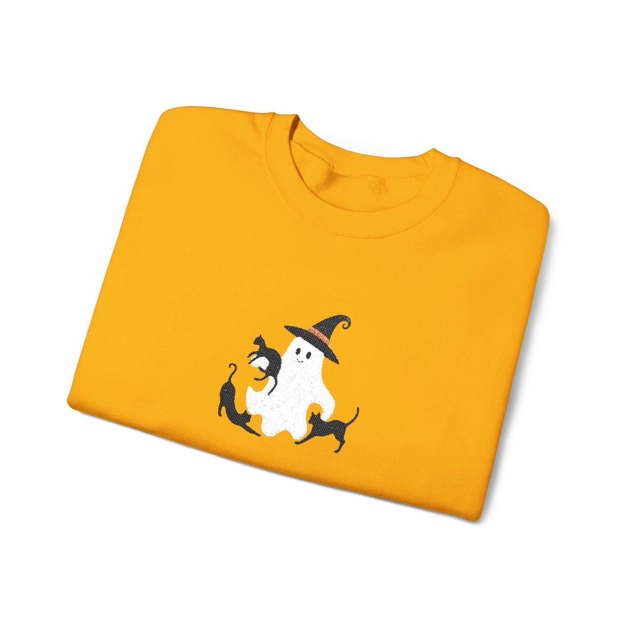Halloween Moon Cat Crewneck Sweatshirt — Witch Hat & Black Cats Graphic