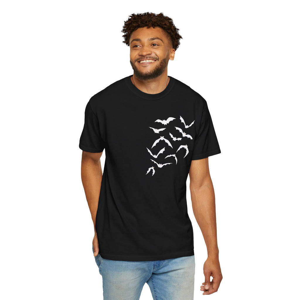 Bat Flock Graphic T-Shirt — Halloween & Gothic Nature Tee