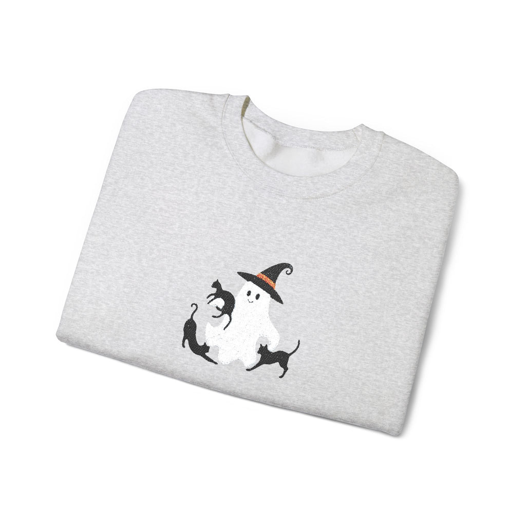 Halloween Moon Cat Crewneck Sweatshirt — Witch Hat & Black Cats Graphic