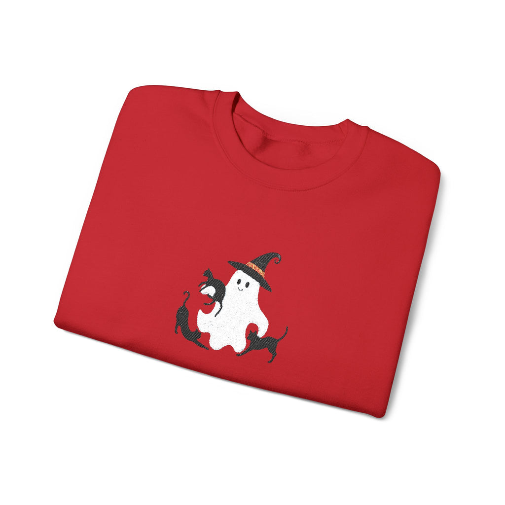 Halloween Moon Cat Crewneck Sweatshirt — Witch Hat & Black Cats Graphic