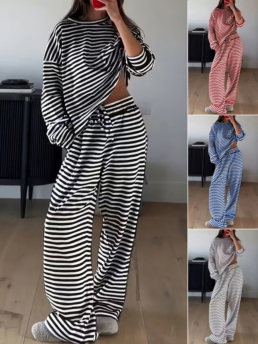 Spring Striped Casual Two-Piece Set: Long-Sleeved Top and High-Waisted Pants